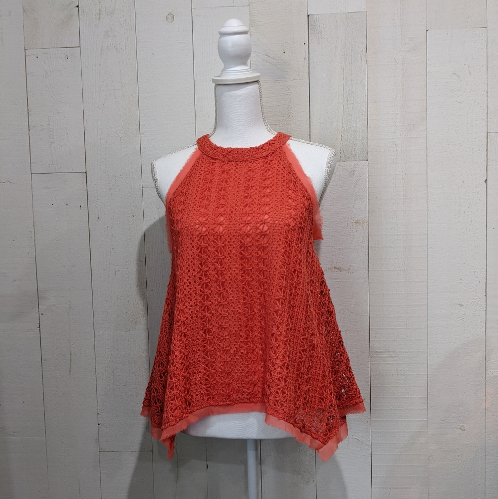 Anthropologie Moon River Boho Coral Open Back Crochet Halter Top